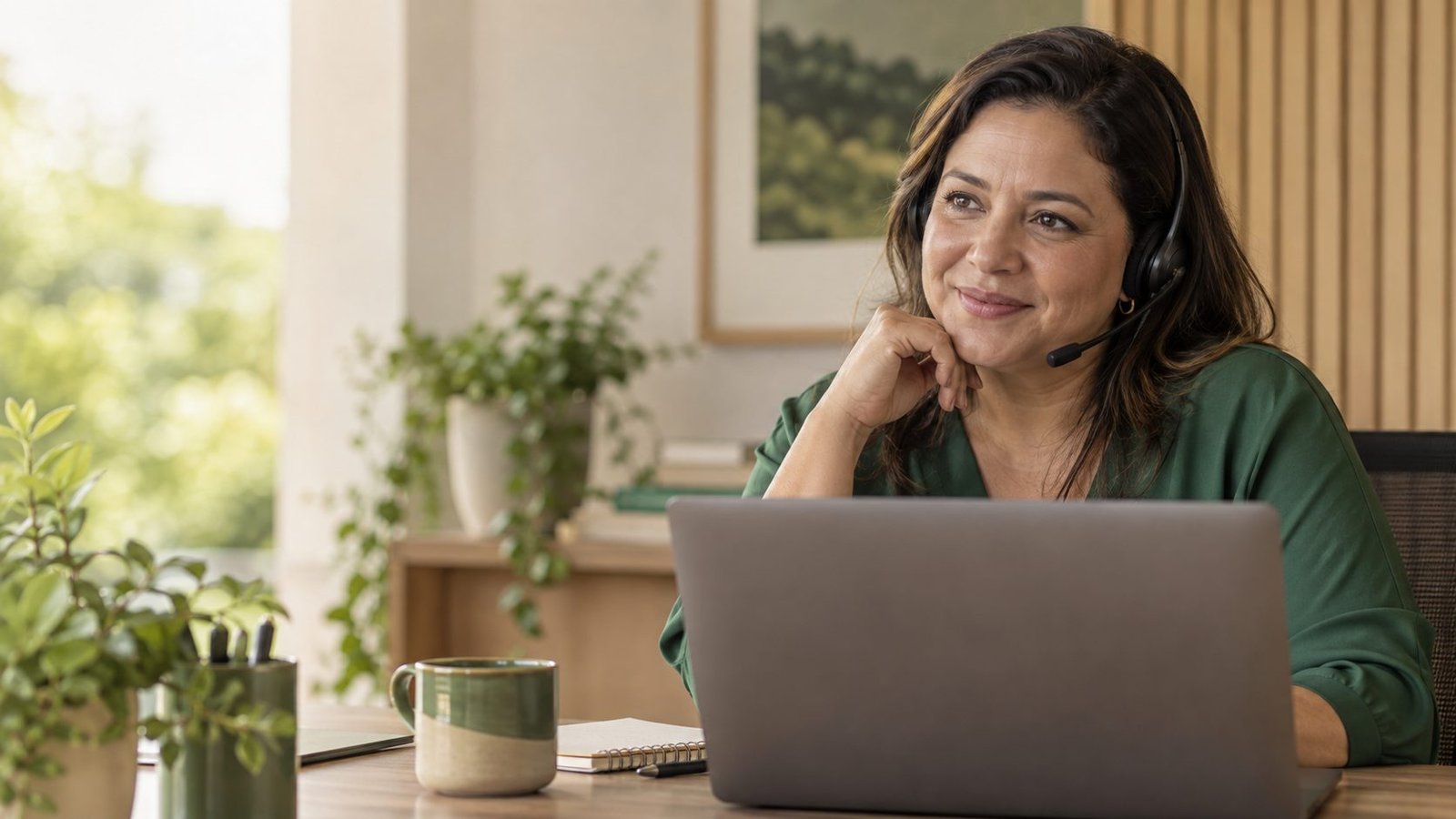 Profissional de atendimento com headset e notebook.