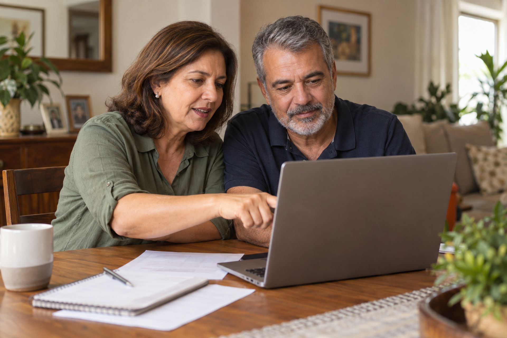 Casal de uns 55 anos comparando propostas num notebook na mesa da sala