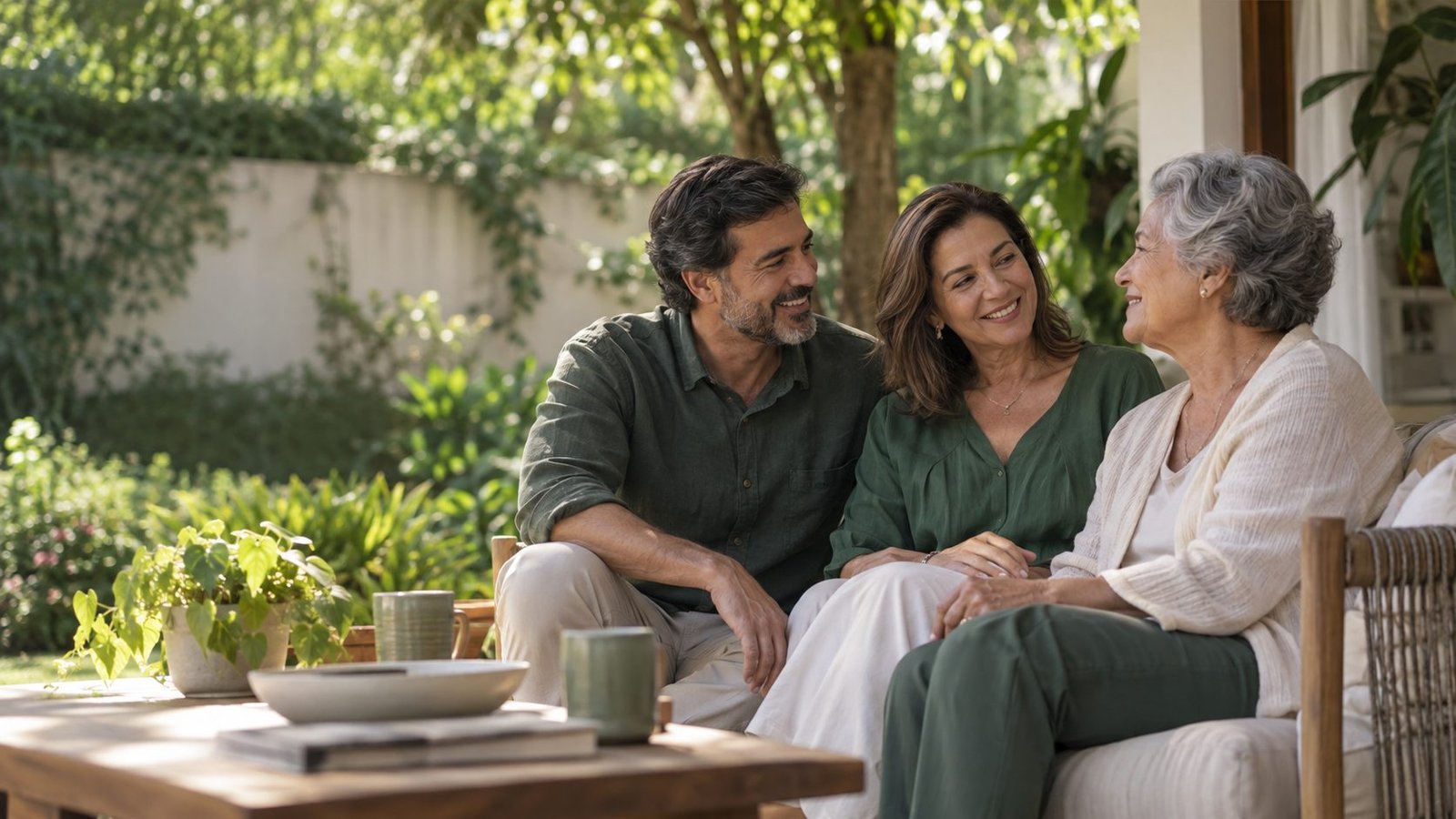 Três familiares adultos conversando em um jardim.