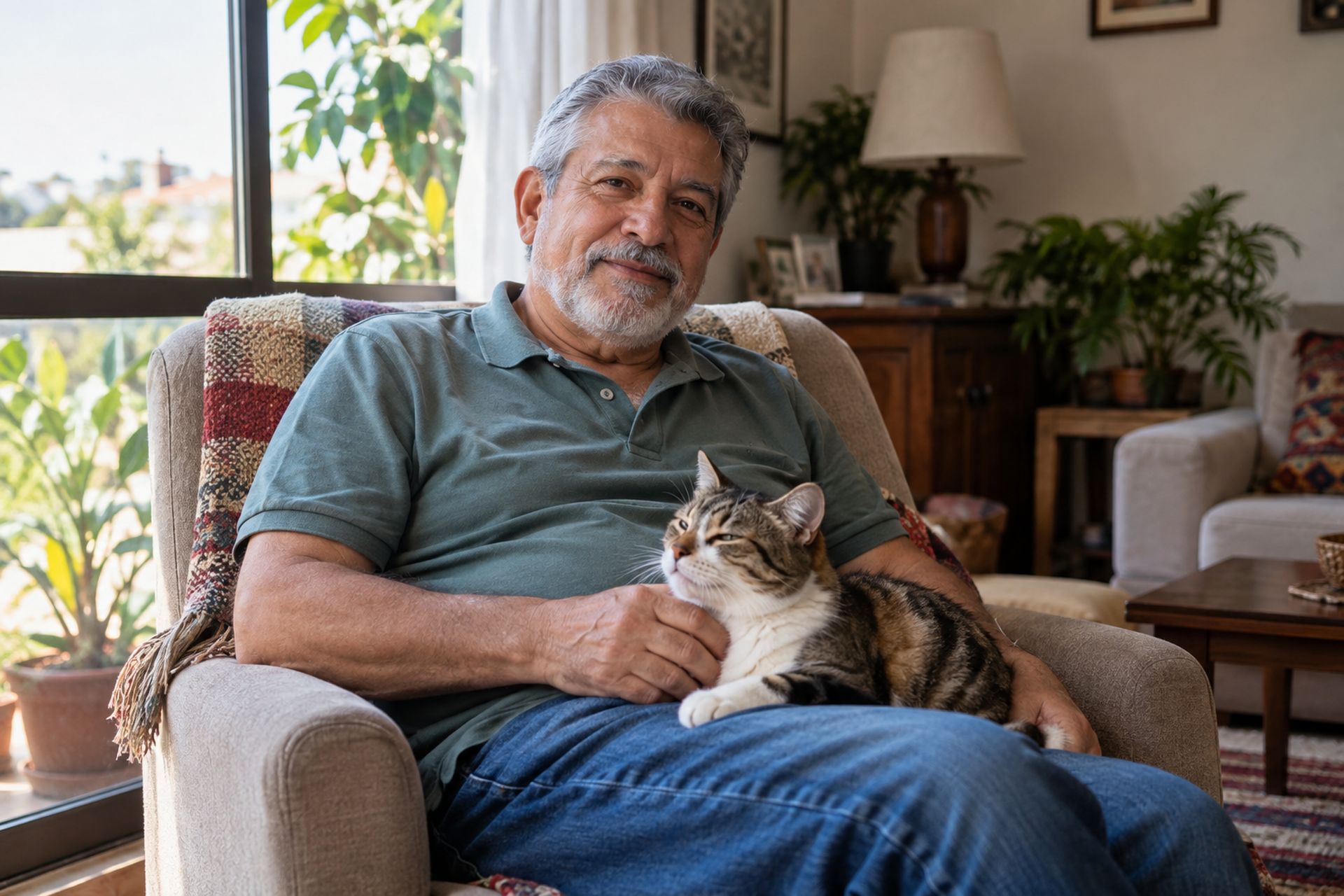 Homem de uns 60 anos numa poltrona perto da janela, com um gato no colo