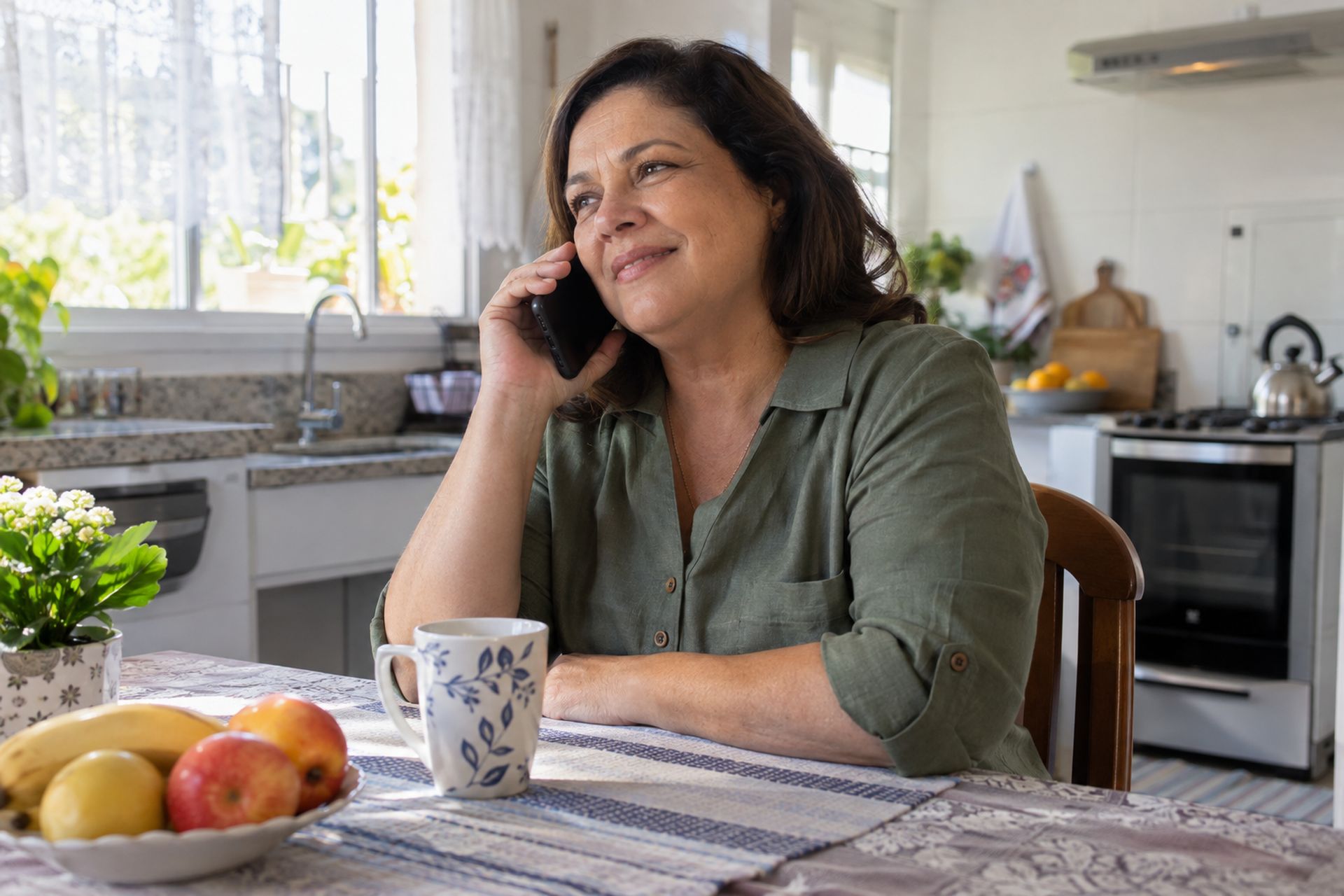 Mulher de uns 55 anos à mesa da cozinha falando ao celular, com expressão serena