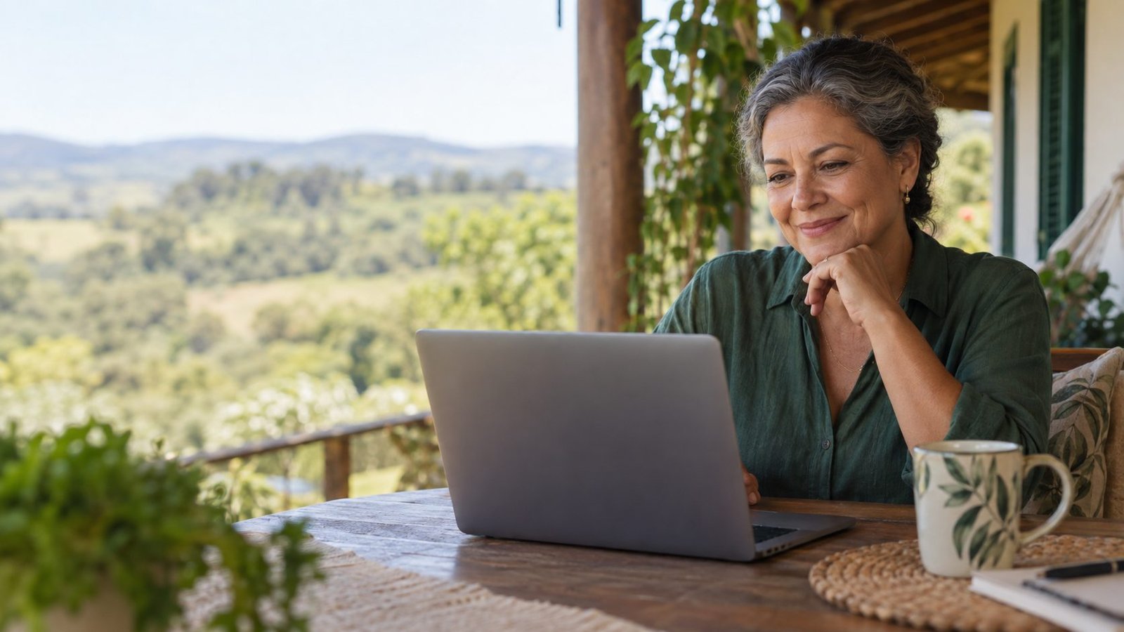 Mulher madura usando um notebook na varanda de casa.
